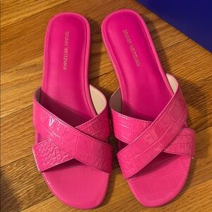 Stuart Weitzman Fuchsia Croc-Embossed Slides